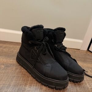 PRADA NYLON FUR-TRIMMED ANKLE BOOTS
